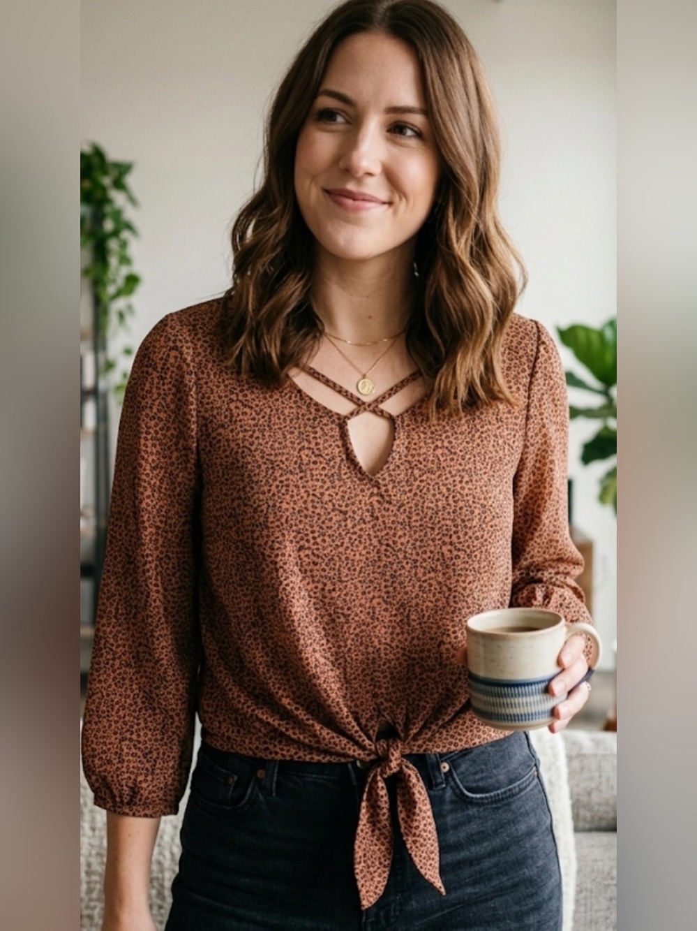 West Kei Brown Printed Tie-Front V-Neck Blouse